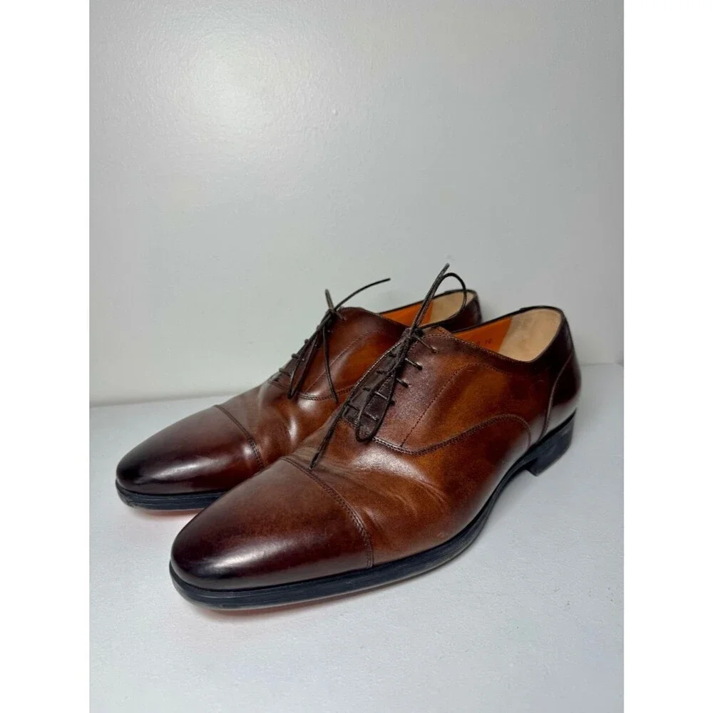 Santoni Men's Brown Leather Cap Toe Oxford Dress Shoes Made in Italy Size 10